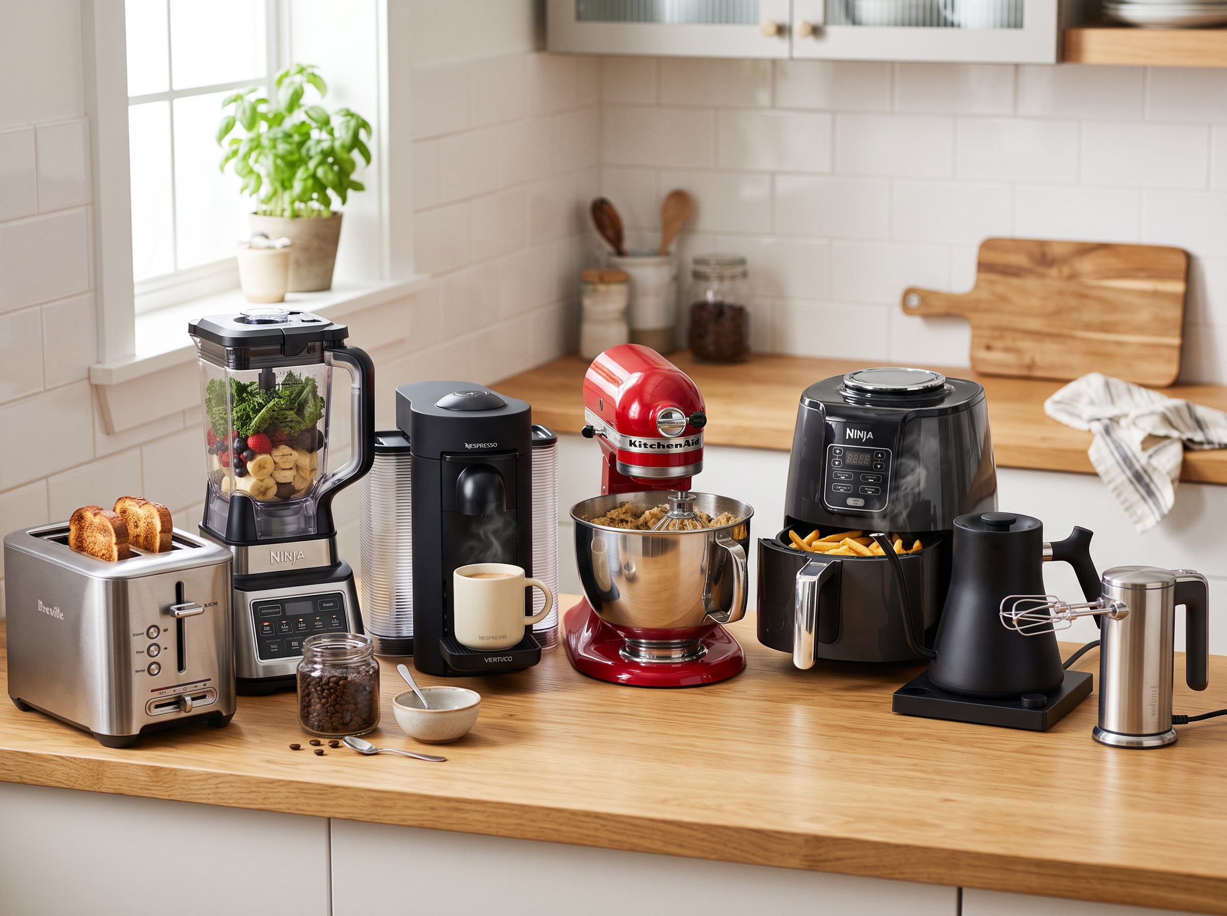 Zestaw r&oacute;żnorodnych małych urządzeń AGD, takich jak blender, ekspres do kawy i toster, na kuchennym blacie.